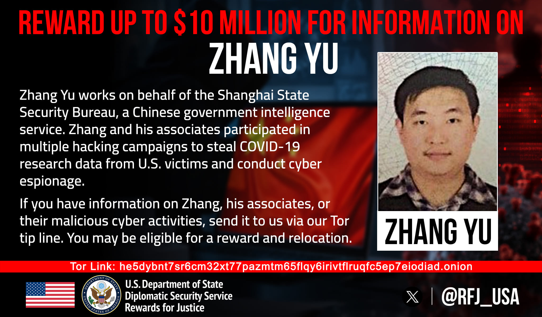 Cartaz do programa Rewards for Justice com a foto de Zhang Yu e a recompensa de US$ 10 milhões