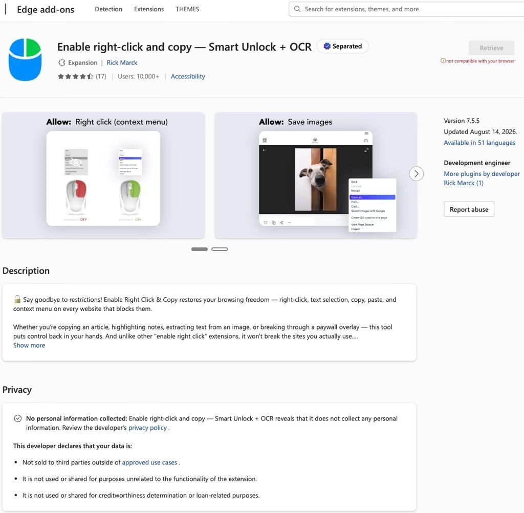 Página da extensão Enable Right Click & Copy no catálogo do Microsoft Edge