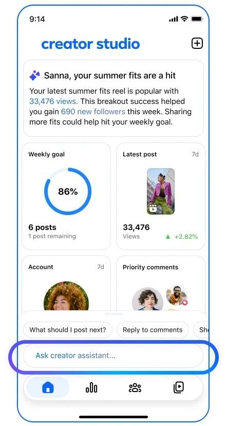 Interface do Facebook Creator Studio