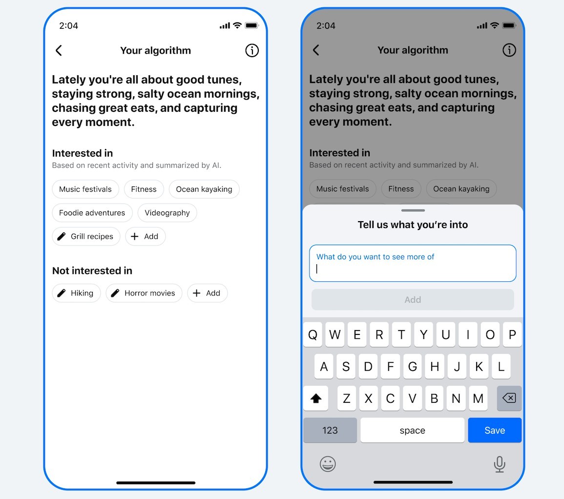 Tela do Your Algorithm no Facebook com a lista de temas de interesse e o campo para digitar novos assuntos