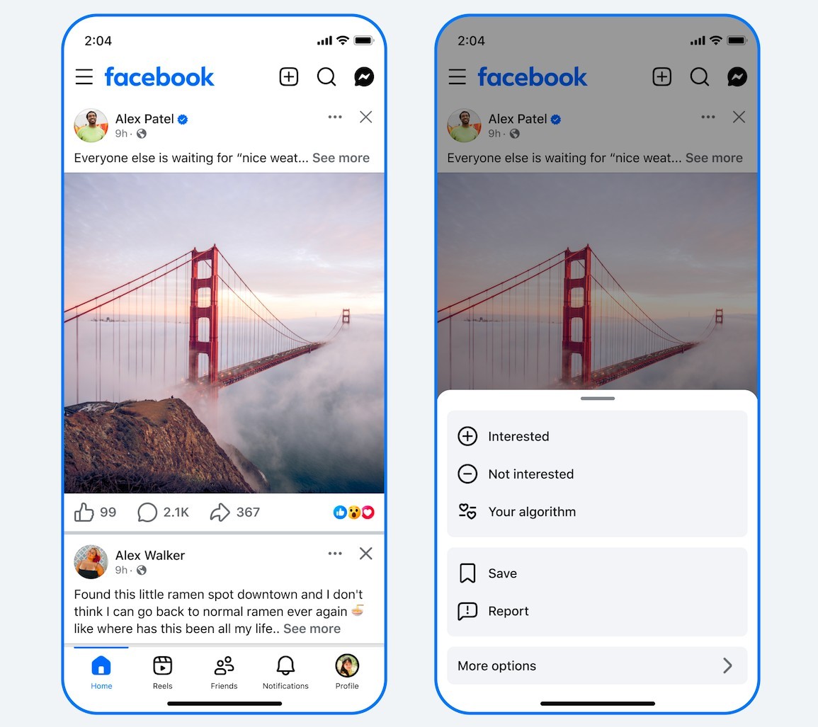Menu de três pontos de um post no Facebook com as opções Interessado, Não tenho interesse e Your algorithm