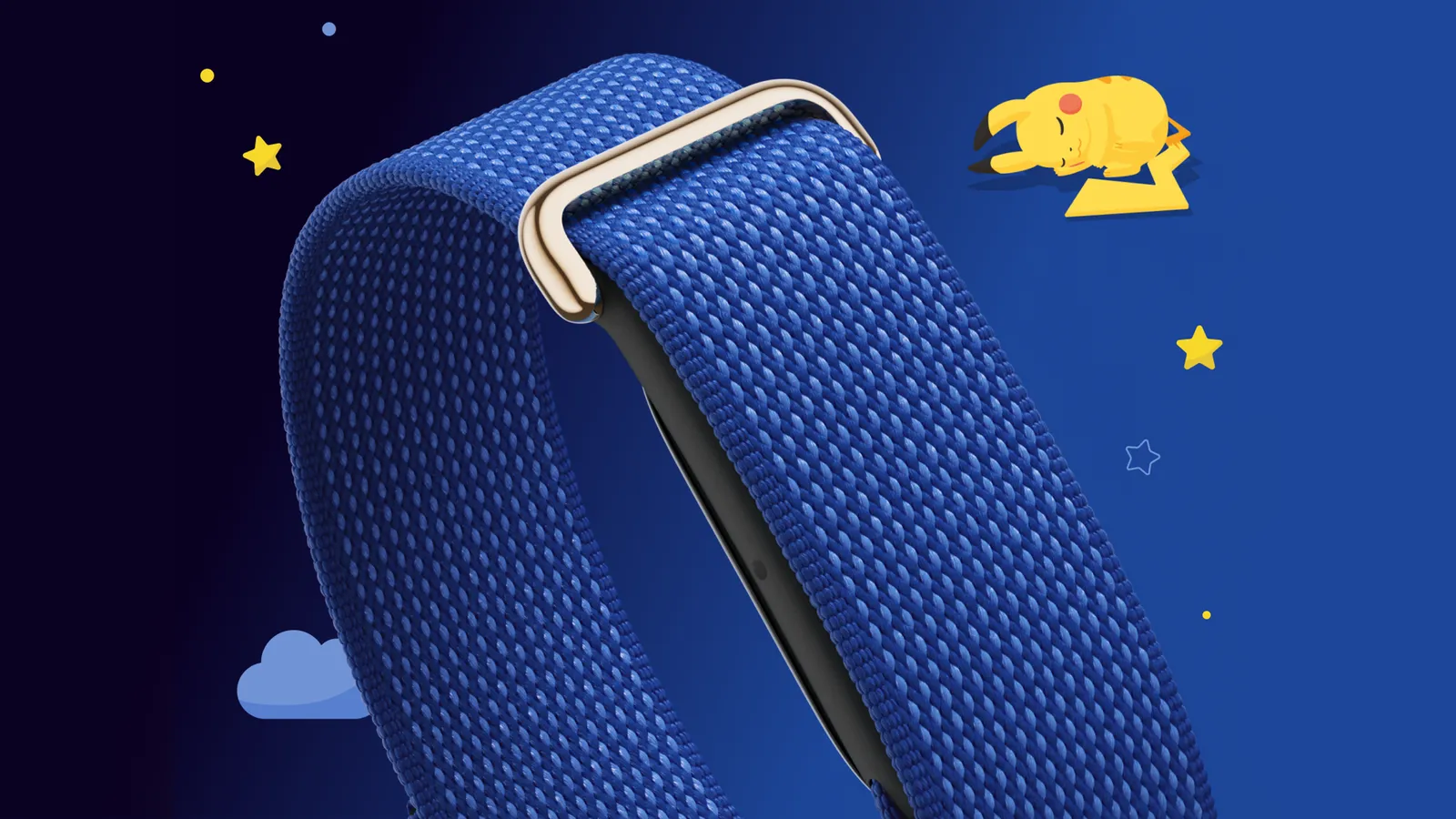 Pulseira azul do Fitbit Air com a estampa de Pikachu dormindo