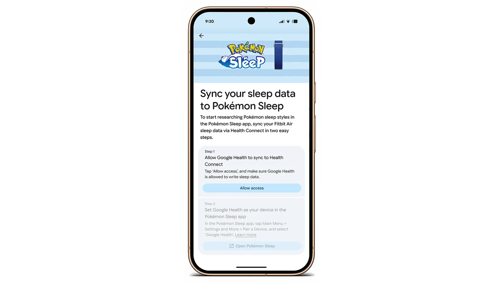 Tela de configuração do Pokémon Sleep para sincronizar os dados de sono