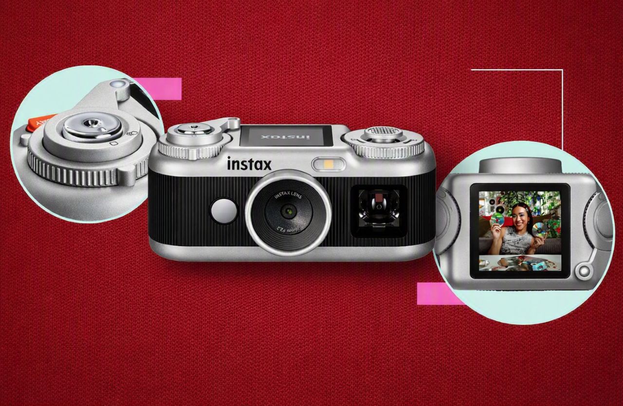 Instax Pal 2 vista de frente, com detalhes do visor e da tela LCD superior