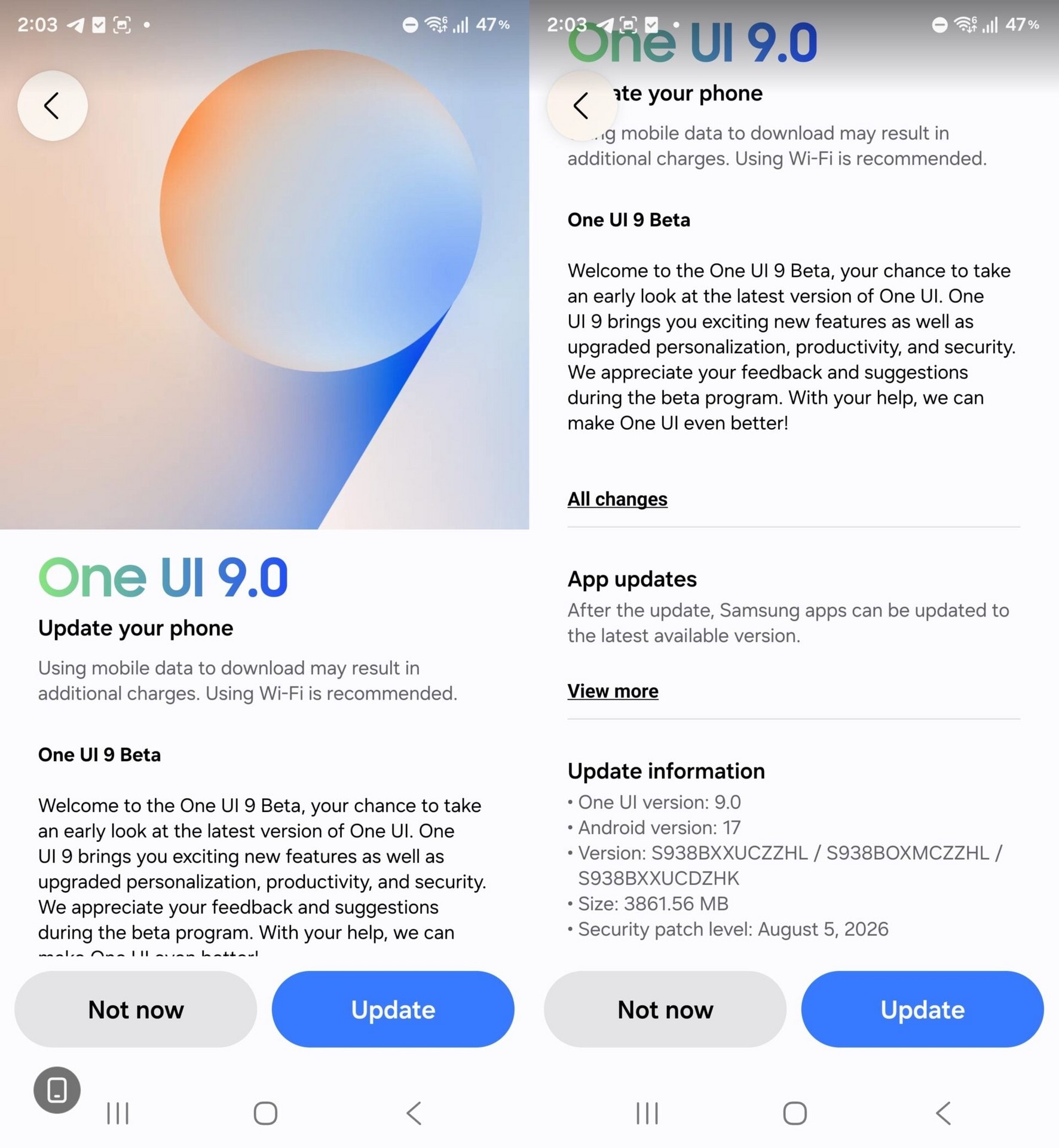 Tela de atualização mostrando One UI 9.0 com Android 17 e patch de agosto de 2026