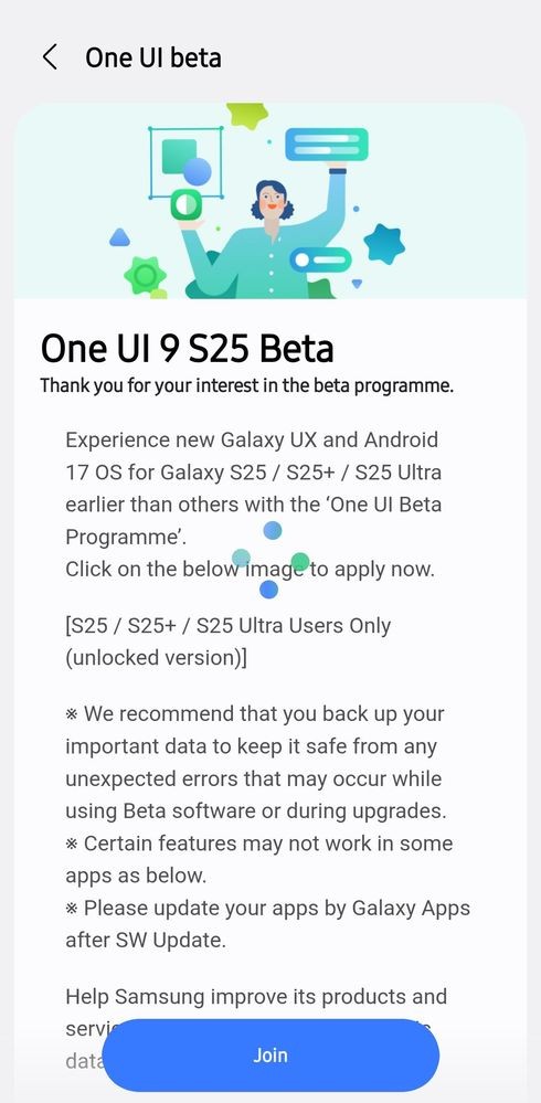 Página de inscrição no programa One UI 9 S25 Beta