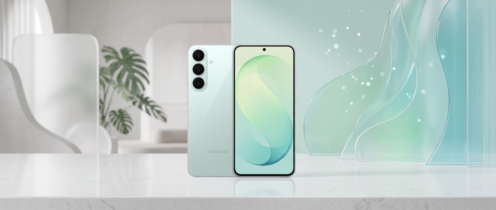 Galaxy S26 FE verde pistache em cenário de divulgação