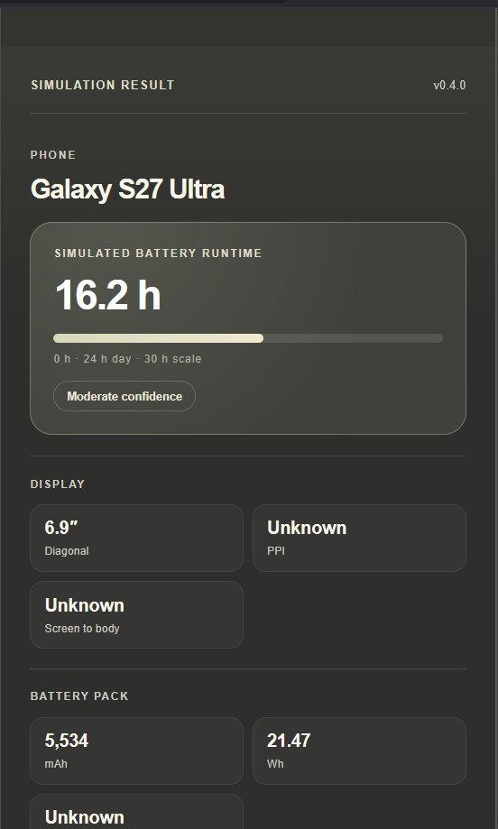 Resultado da simulação de bateria do Galaxy S27 Ultra com 16,2 horas