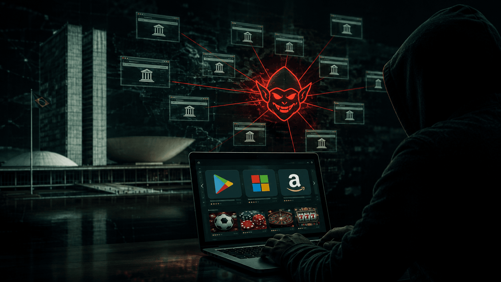 Ilustração da Check Point Research sobre a campanha Gambling Goblin, que mira sites do governo brasileiro