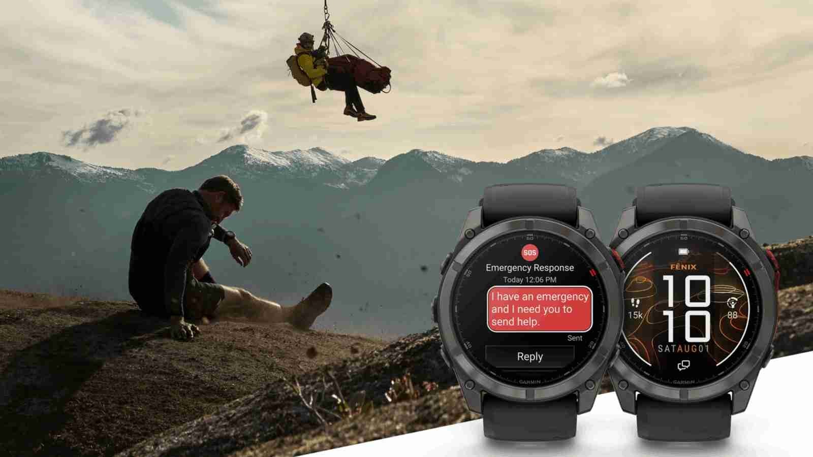 Garmin Fenix com tela de resposta de emergência via satélite em um resgate na montanha