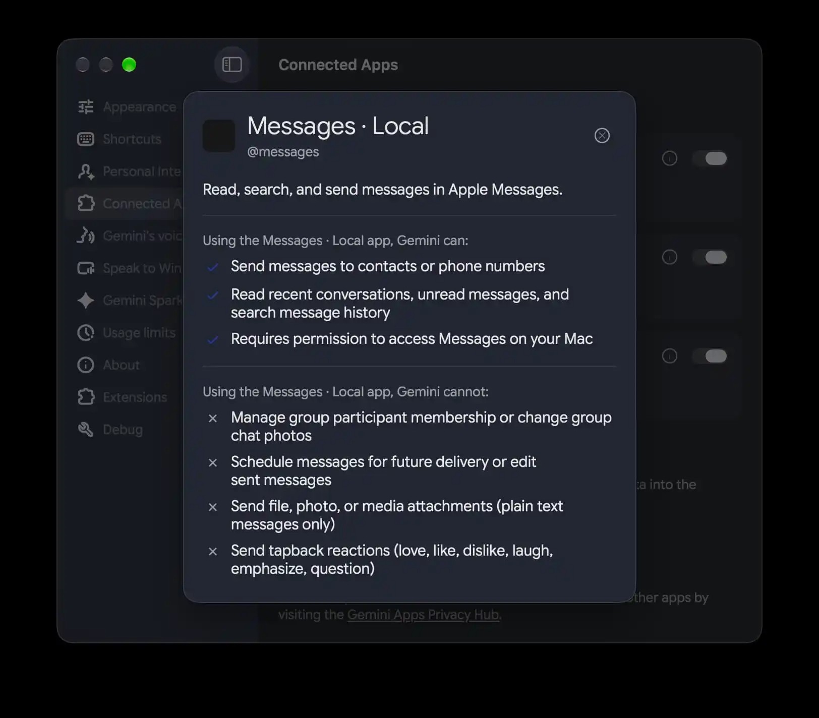 Tela de configurações do Gemini para Mac com a integração Messages Local e a lista do que o recurso pode e não pode fazer