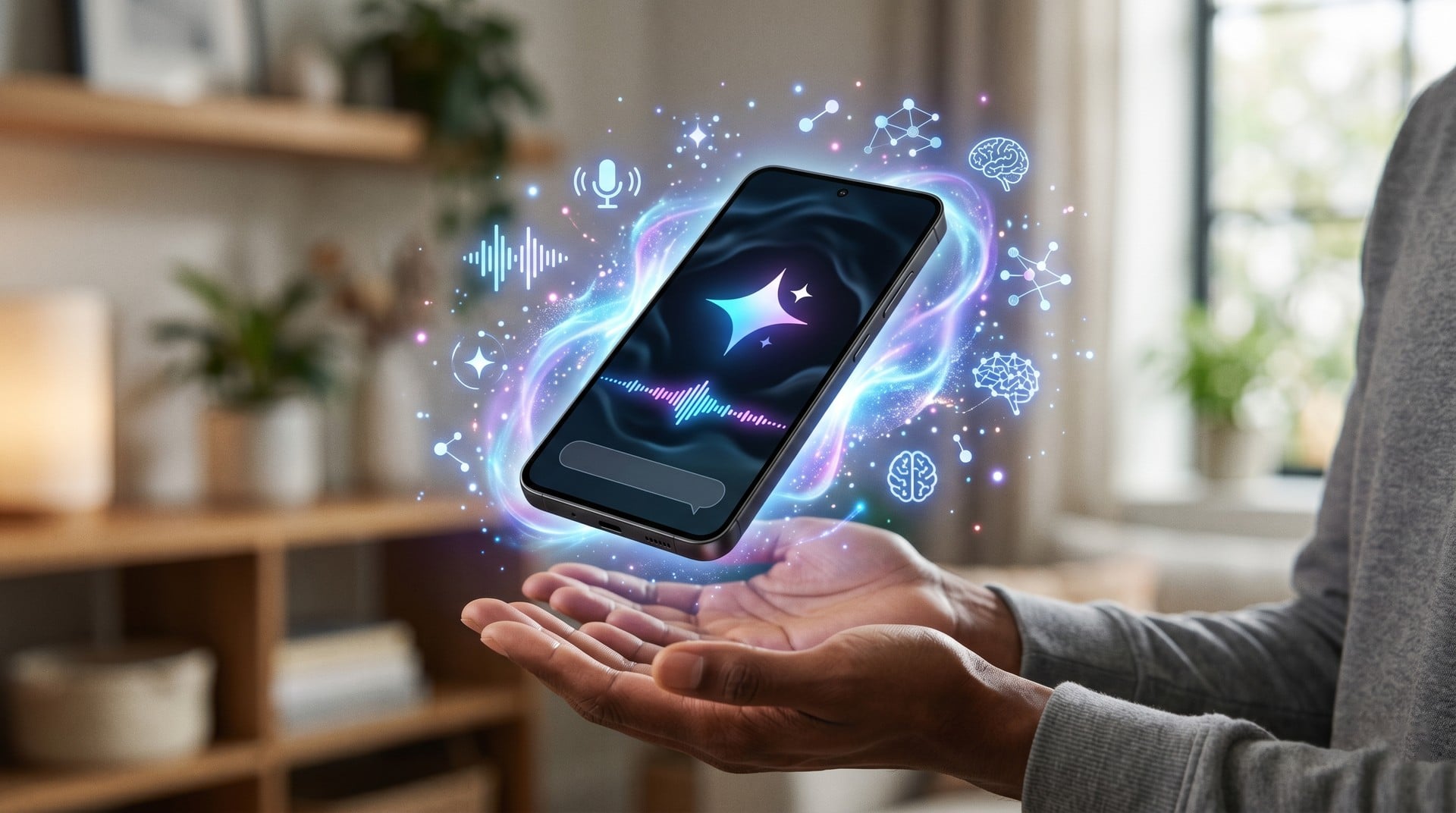Ilustração conceitual de um assistente de inteligência artificial rodando em um smartphone