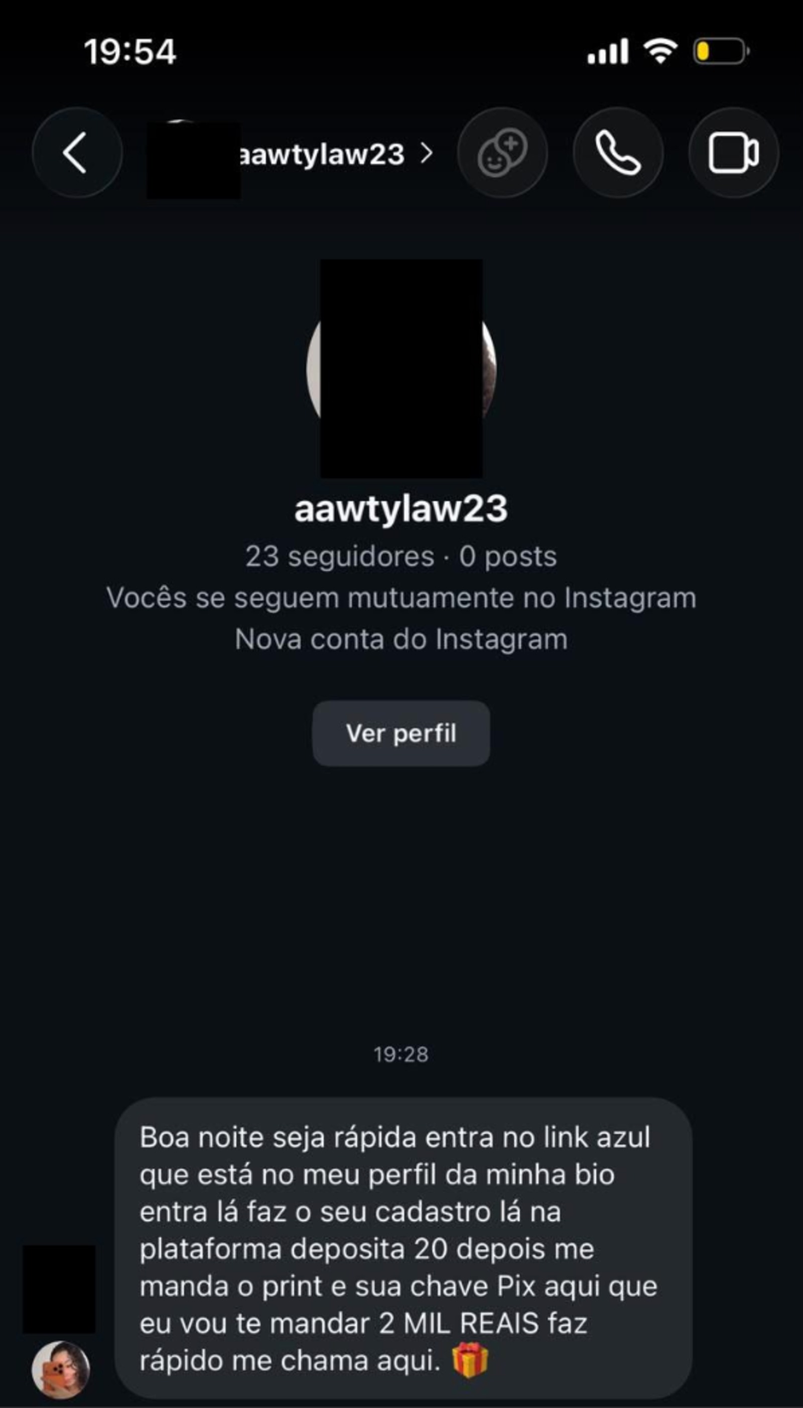 Mensagem de perfil no Instagram convidando para a plataforma de apostas