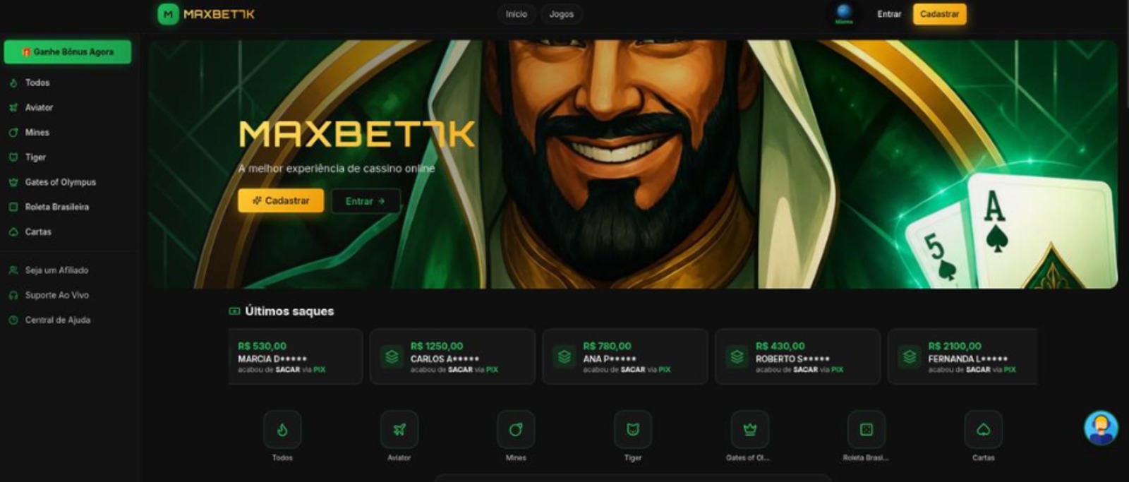 Página inicial do site falso MAXBET7K, com jogos de cassino e lista de saques