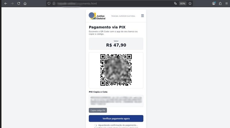 Tela de pagamento por Pix do golpe, com QR Code e valor de R$ 47,90