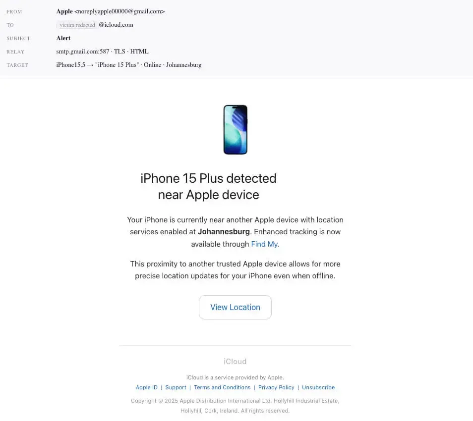 Modelo de e-mail de phishing reconstruído a partir dos logs do servidor de envio