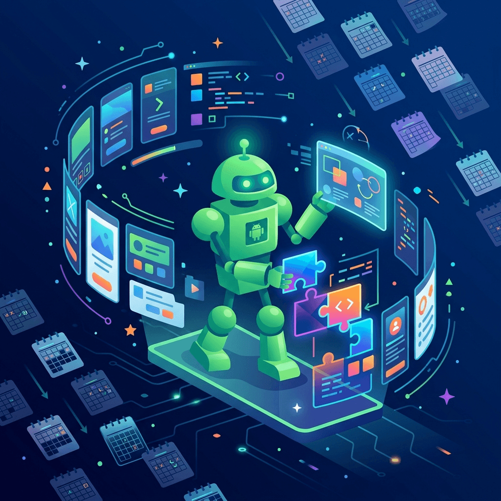 Ilustração conceitual de um agente de IA montando telas de um aplicativo Android