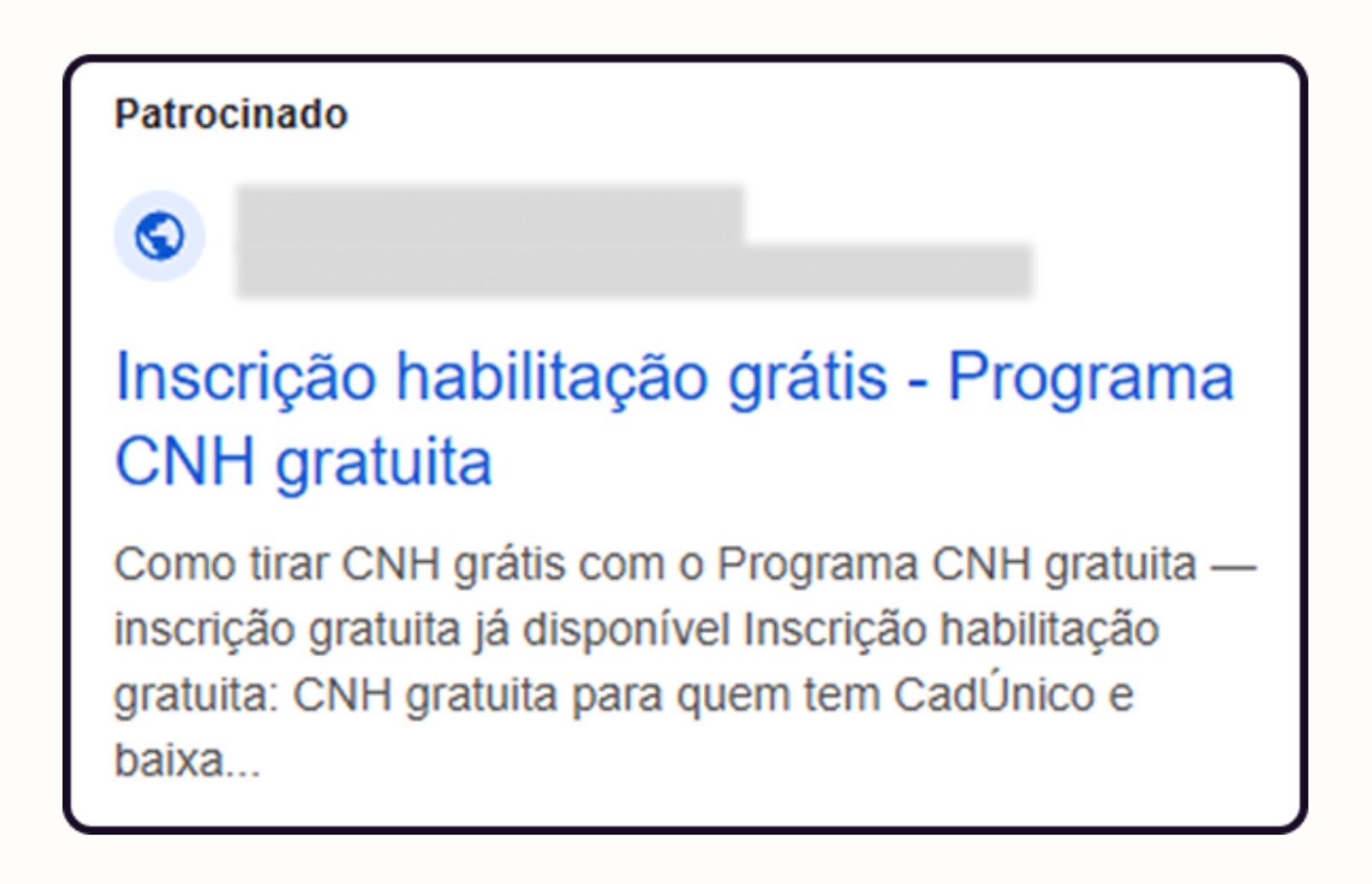 Anúncio patrocinado falso sobre CNH gratuita