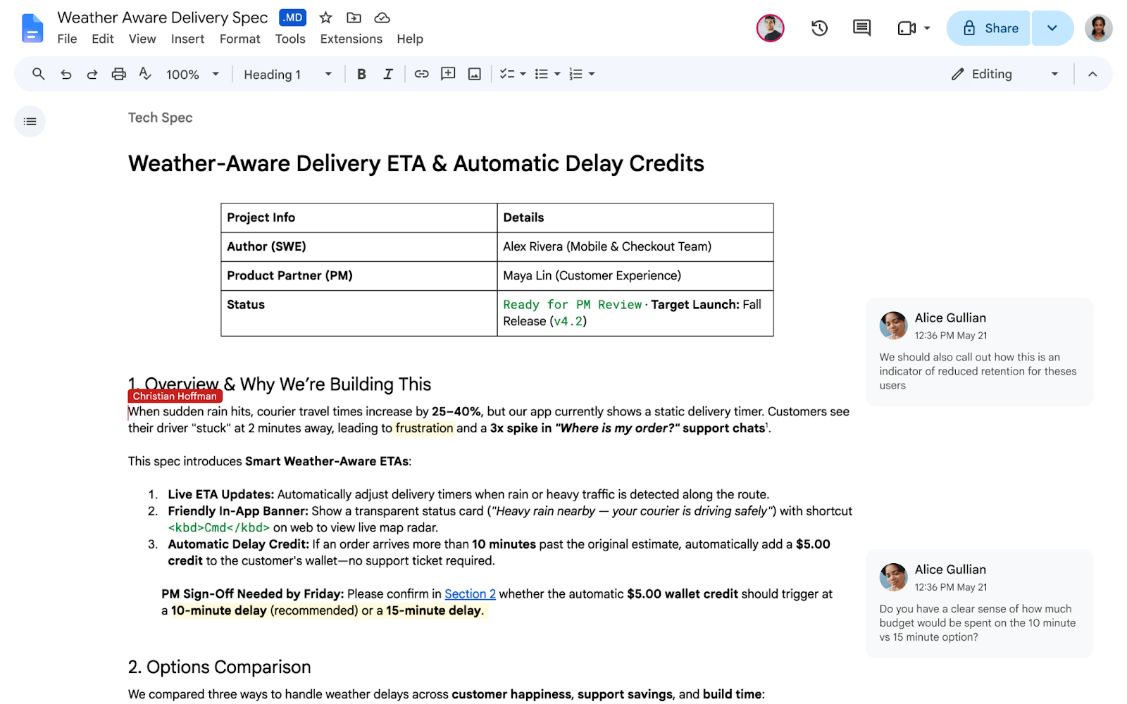 Arquivo Markdown aberto no Google Docs com tabela, títulos e comentários