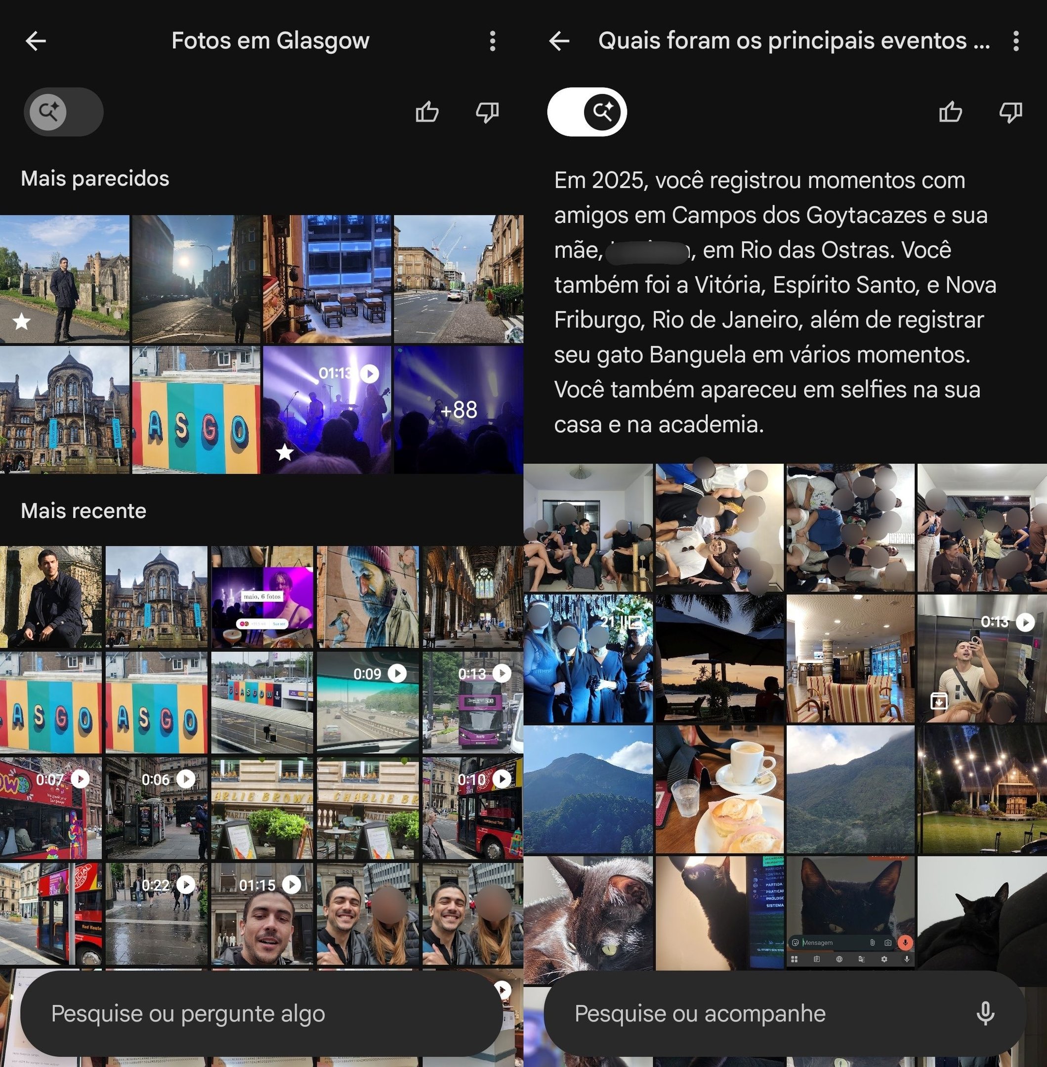 Busca do Google Fotos com Gemini respondendo a uma pergunta sobre eventos em fotos