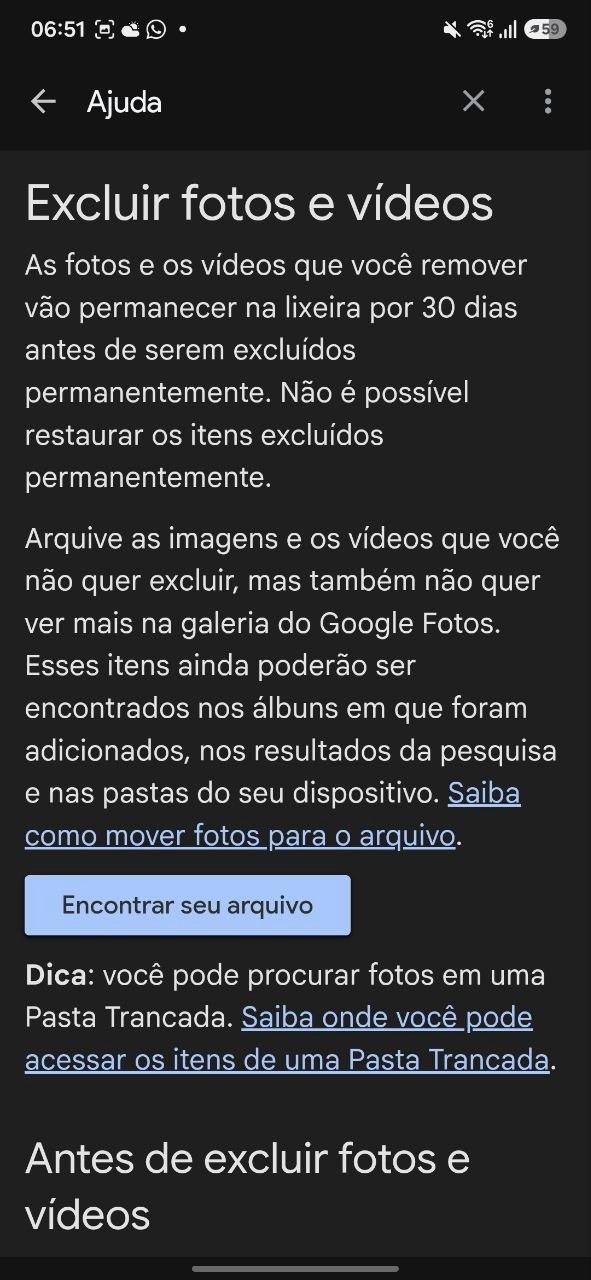 Página de ajuda do Google Fotos já informa que itens removidos ficam 30 dias na lixeira