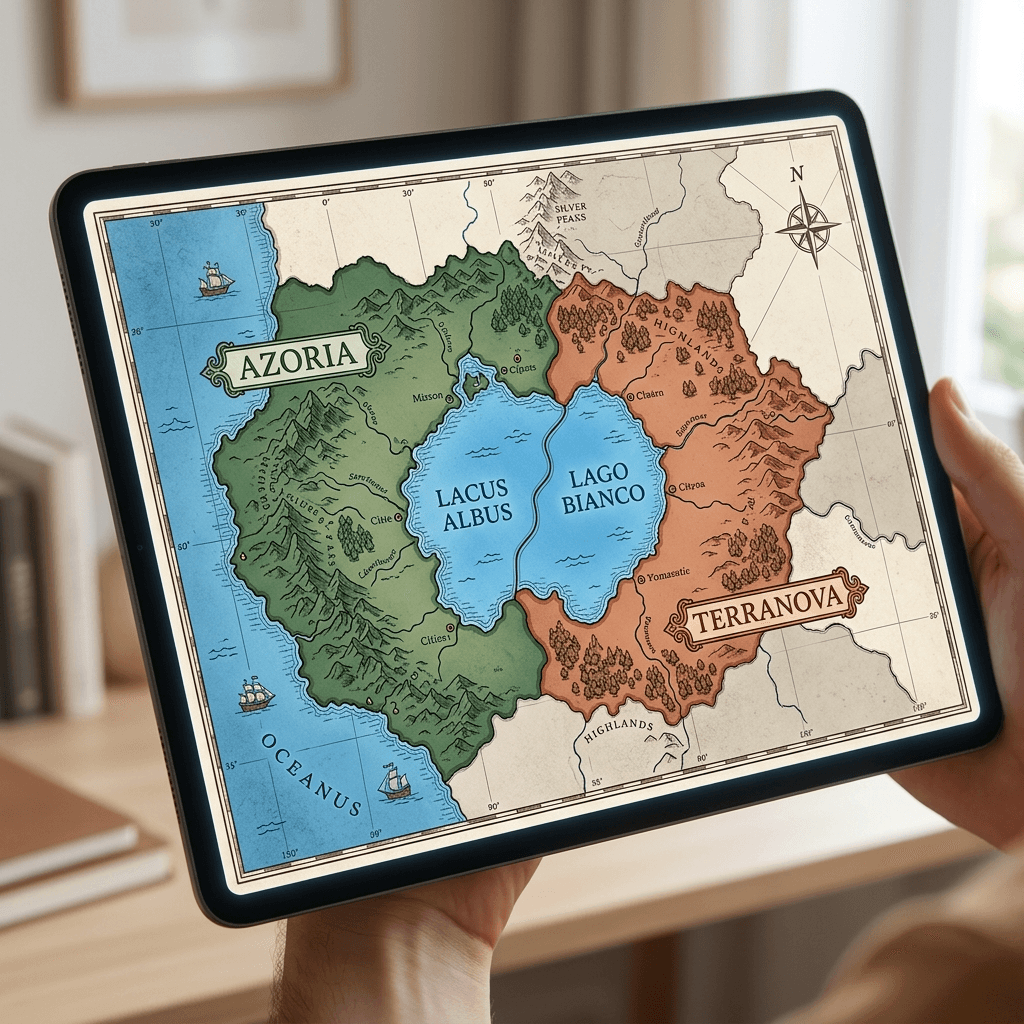 Ilustração: mapa fictício em que o mesmo lago aparece com nomes diferentes de cada lado da fronteira