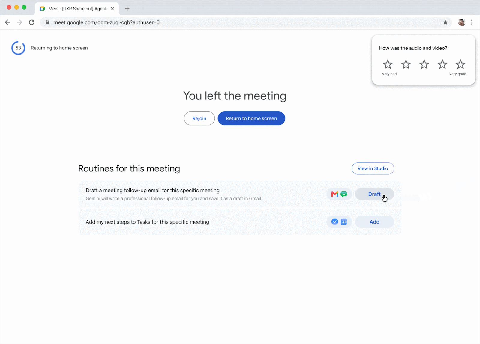 Tela pós-reunião do Google Meet com as opções de rascunhar e-mail e adicionar tarefas
