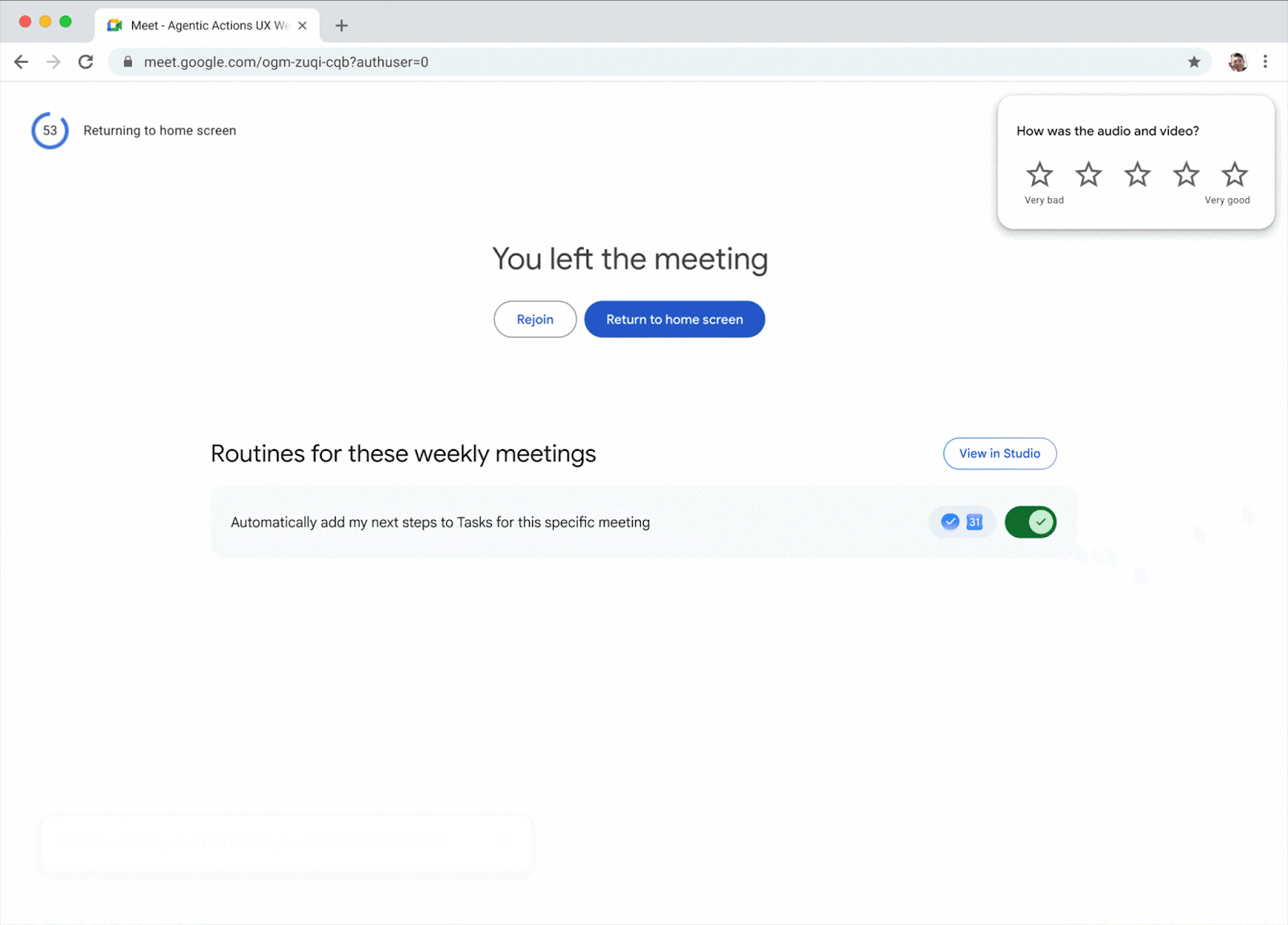 Rotina automática ligada para uma reunião semanal no Google Meet