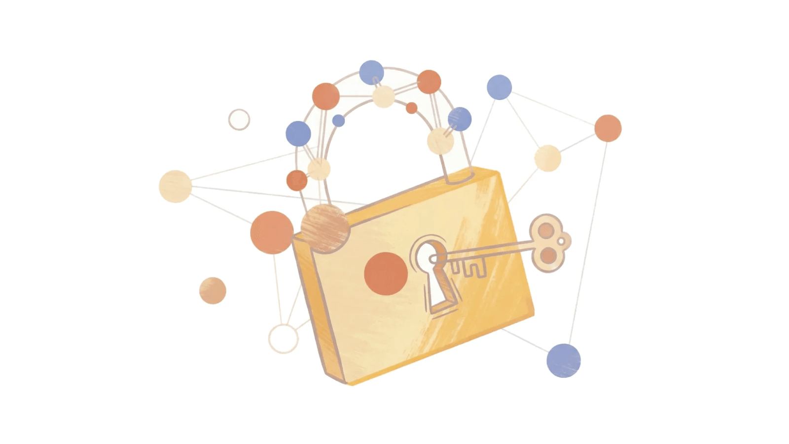 Ilustração de um cadeado dourado com chave cercado por pontos conectados