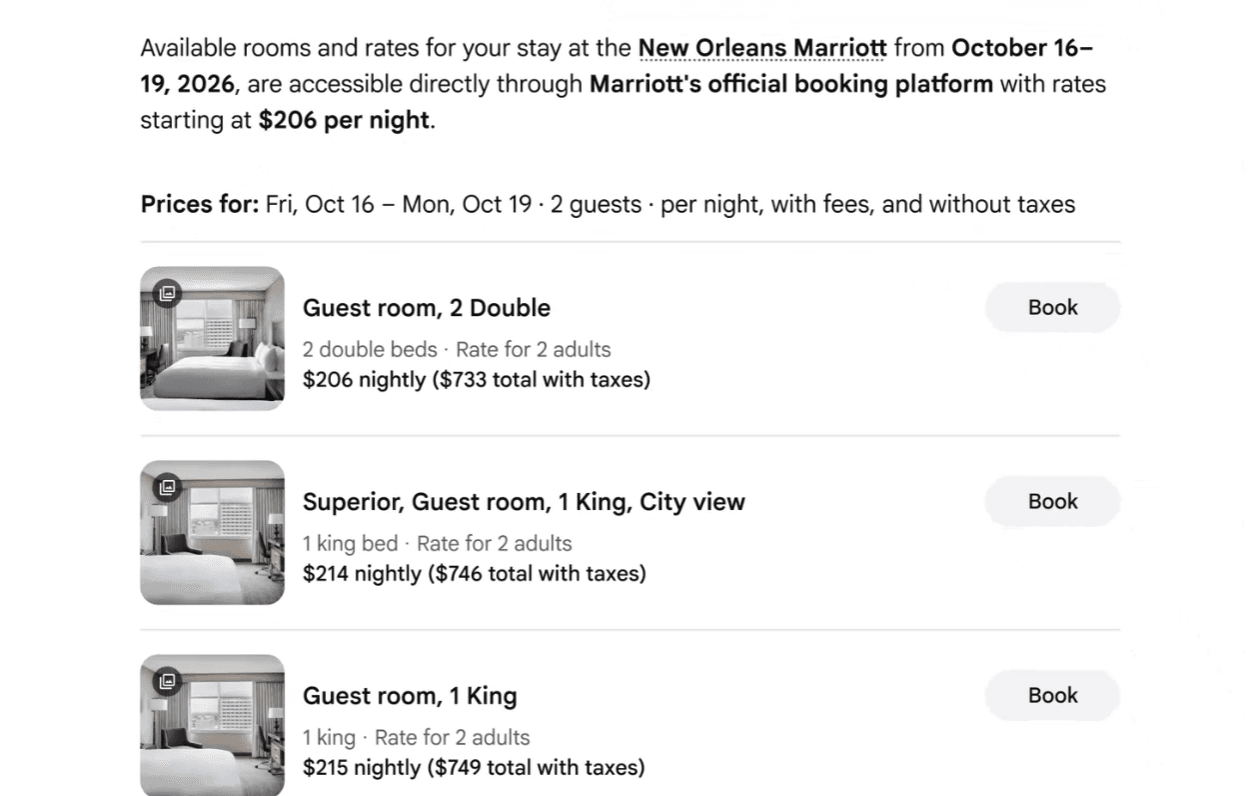 Reserva de hotel dentro do Modo IA do Google