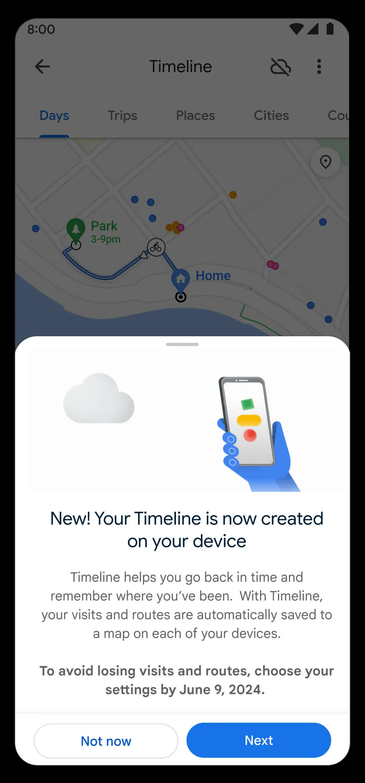 Tela do Google Maps anunciando que a Linha do tempo passa a ficar salva no próprio aparelho
