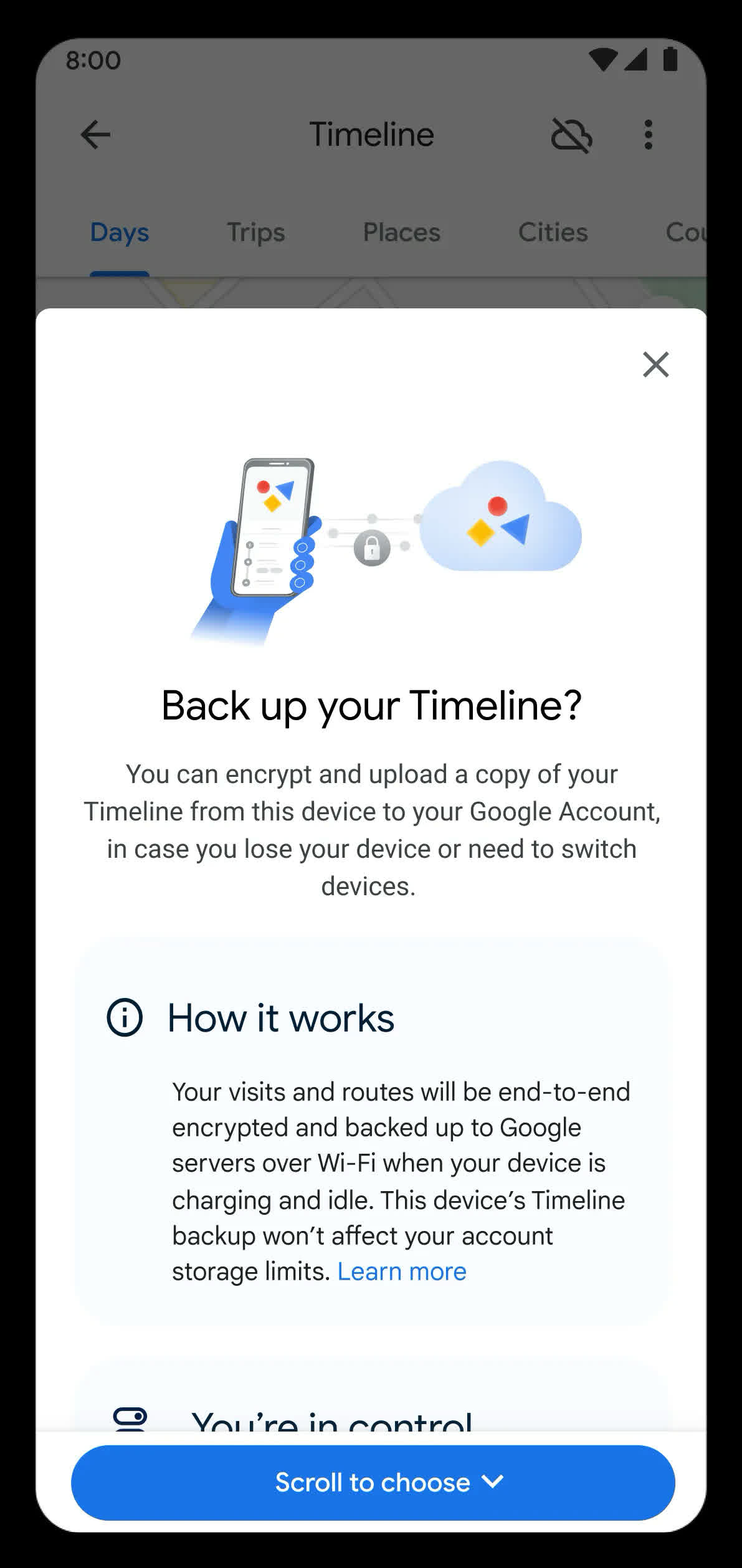 Opção de backup criptografado da Linha do tempo do Google Maps