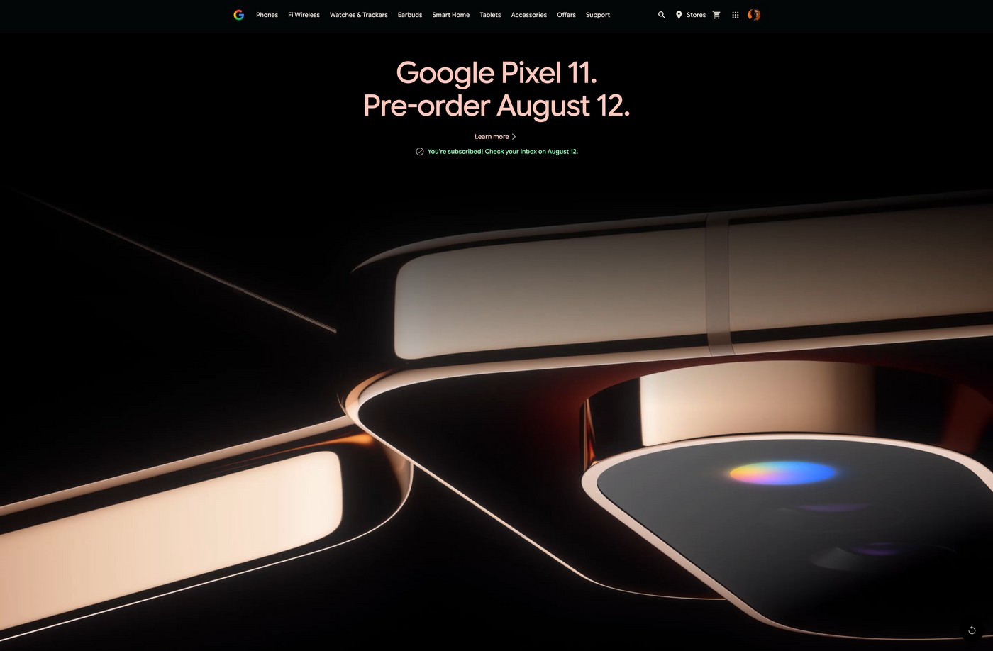 Página oficial do Google anunciando a pré-venda do Pixel 11 para 12 de agosto