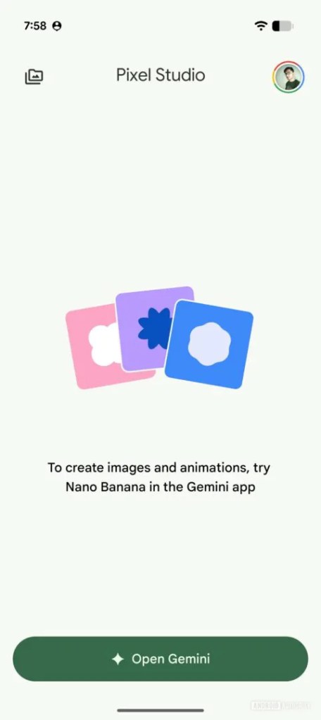 Pixel Studio exibindo botão de migração para o Gemini