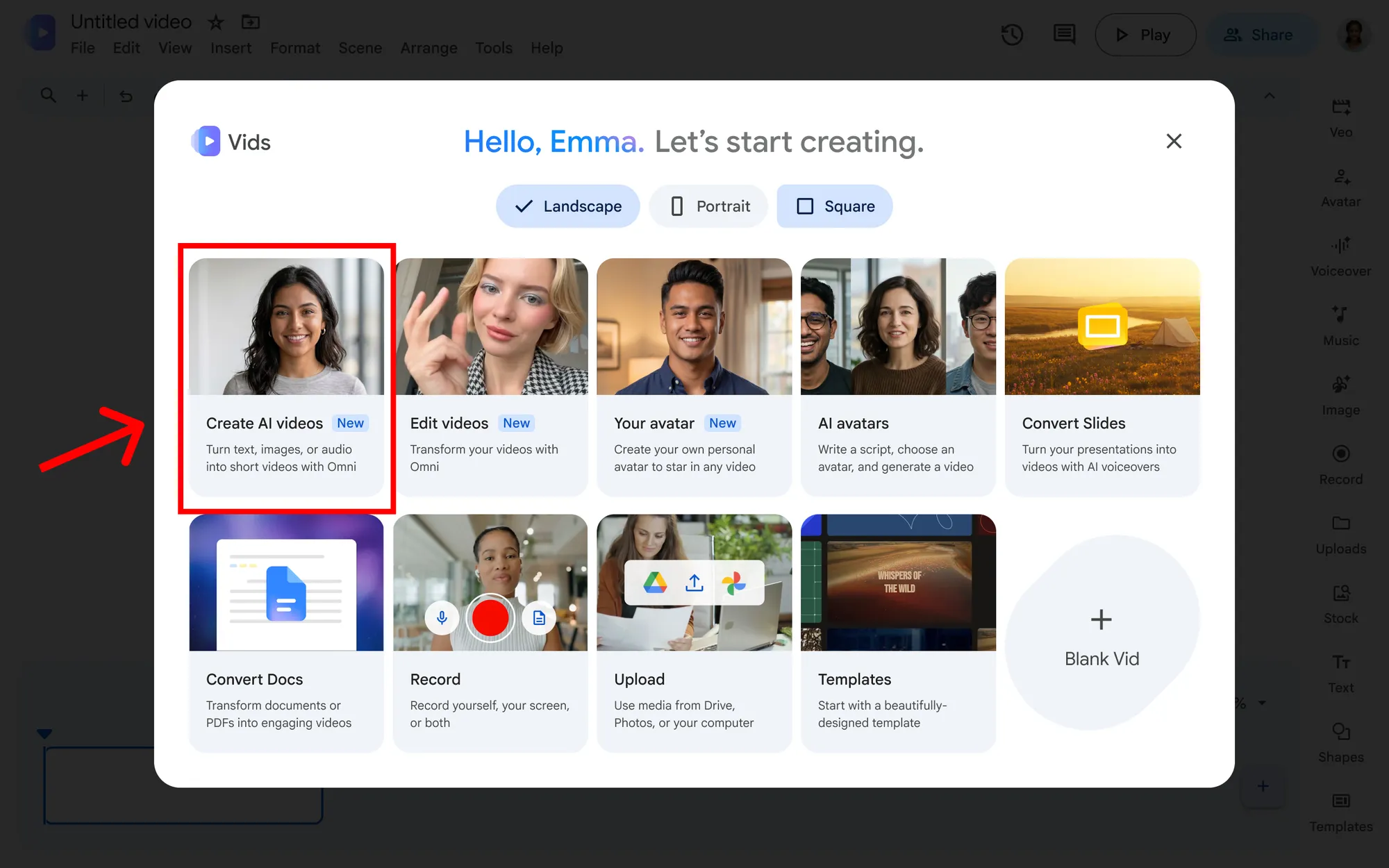 Tela inicial do Google Vids com a opção de criar vídeos com IA