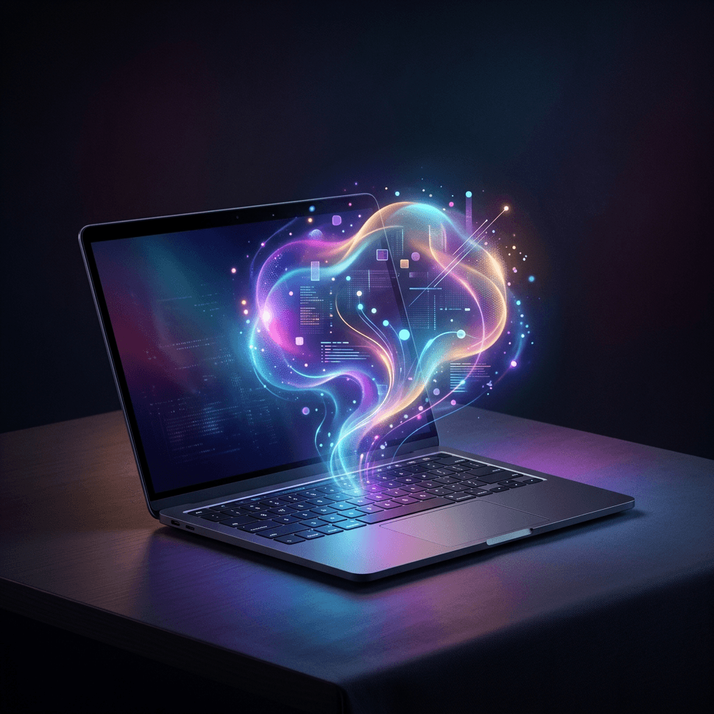 Ilustração conceitual de um notebook com assistente de IA integrada