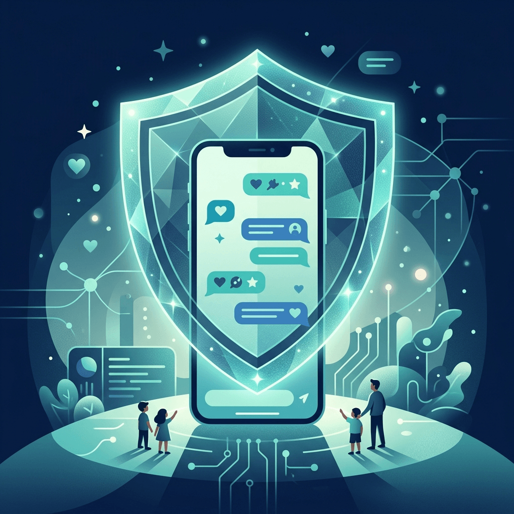 Ilustração conceitual de um escudo protegendo um celular com conversas de chatbot