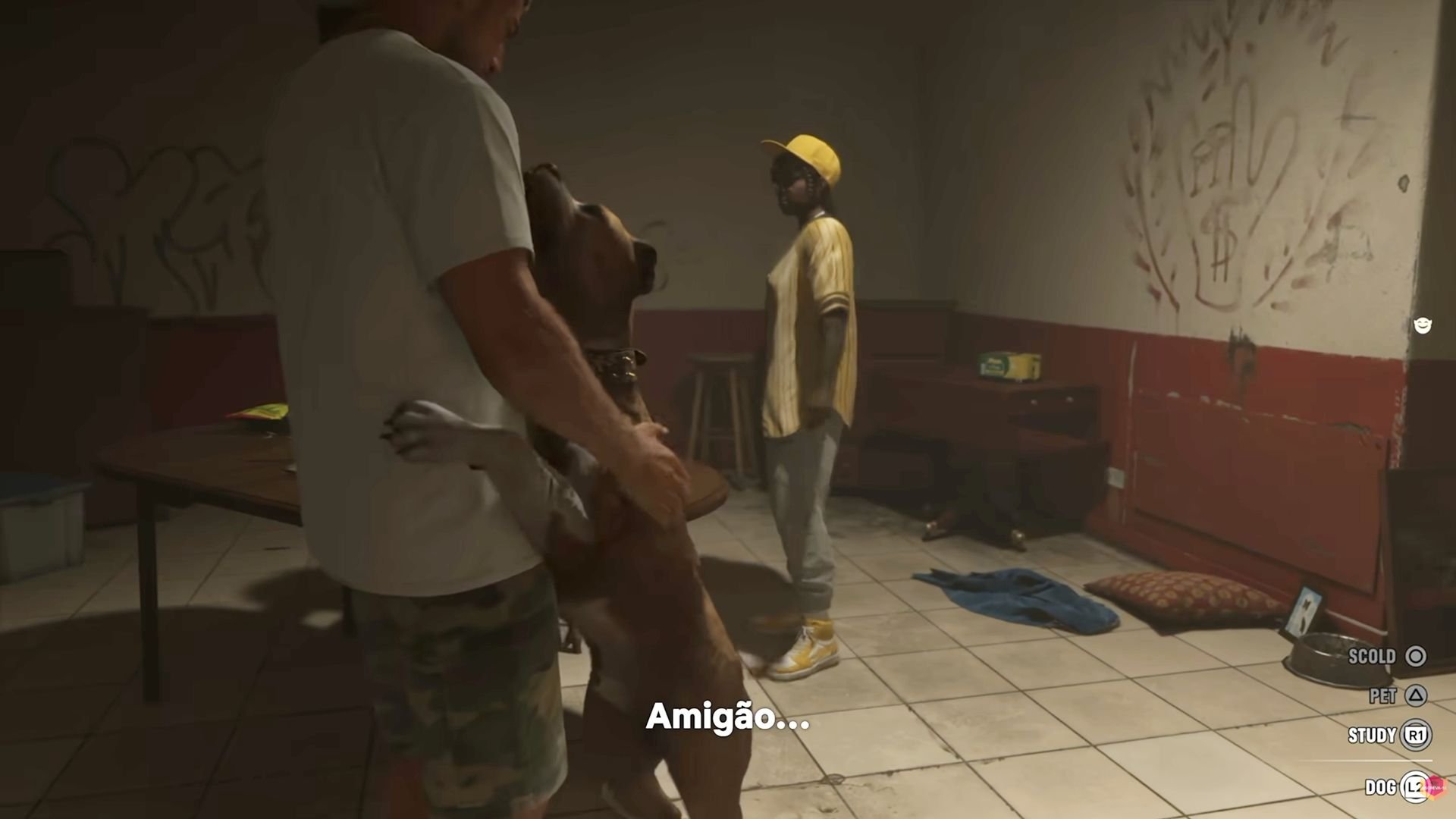 Cena do Olhar Estendido com o comando de acariciar o cachorro em GTA 6