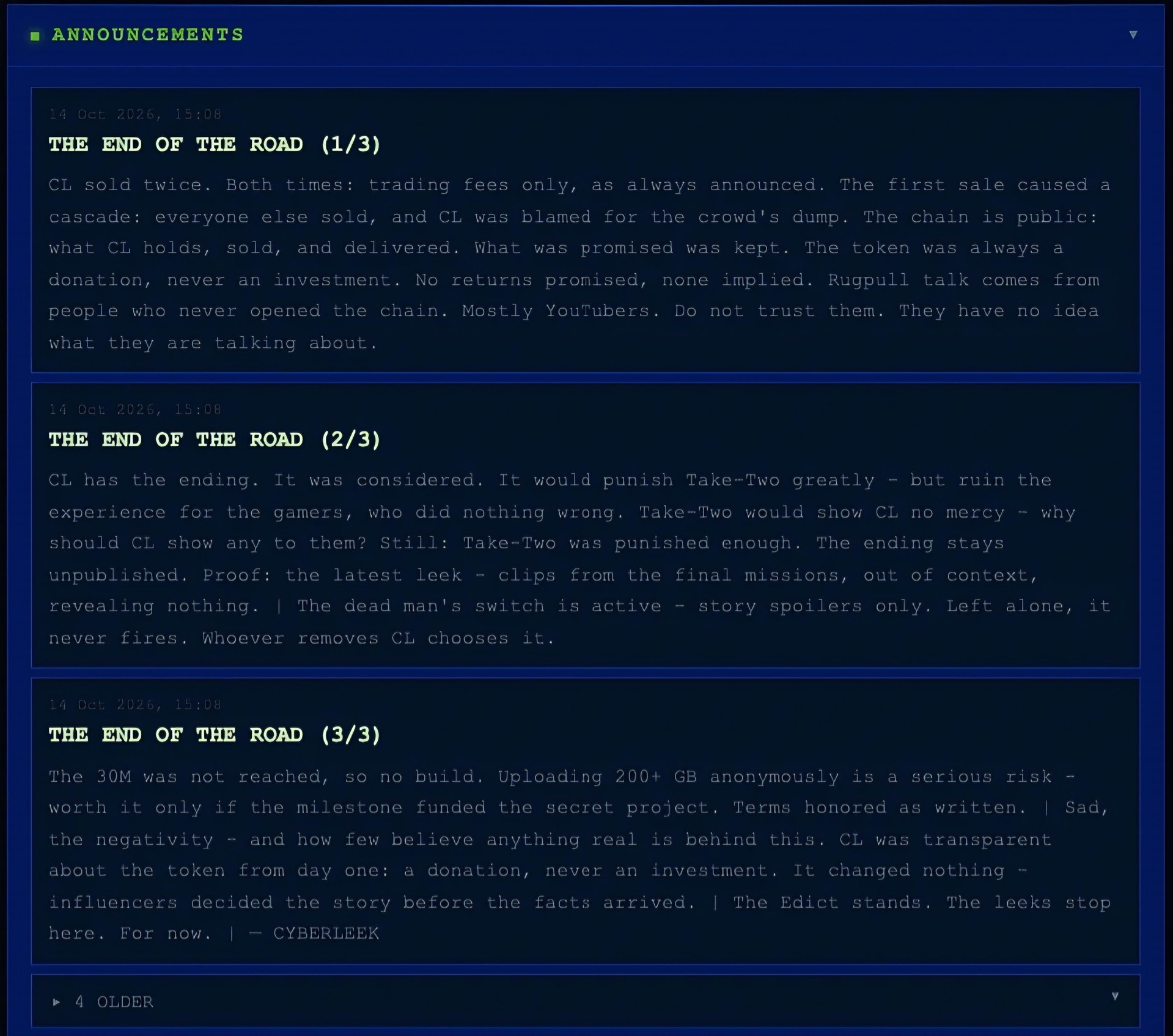 Comunicado The End of the Road publicado no site do CyberLeek