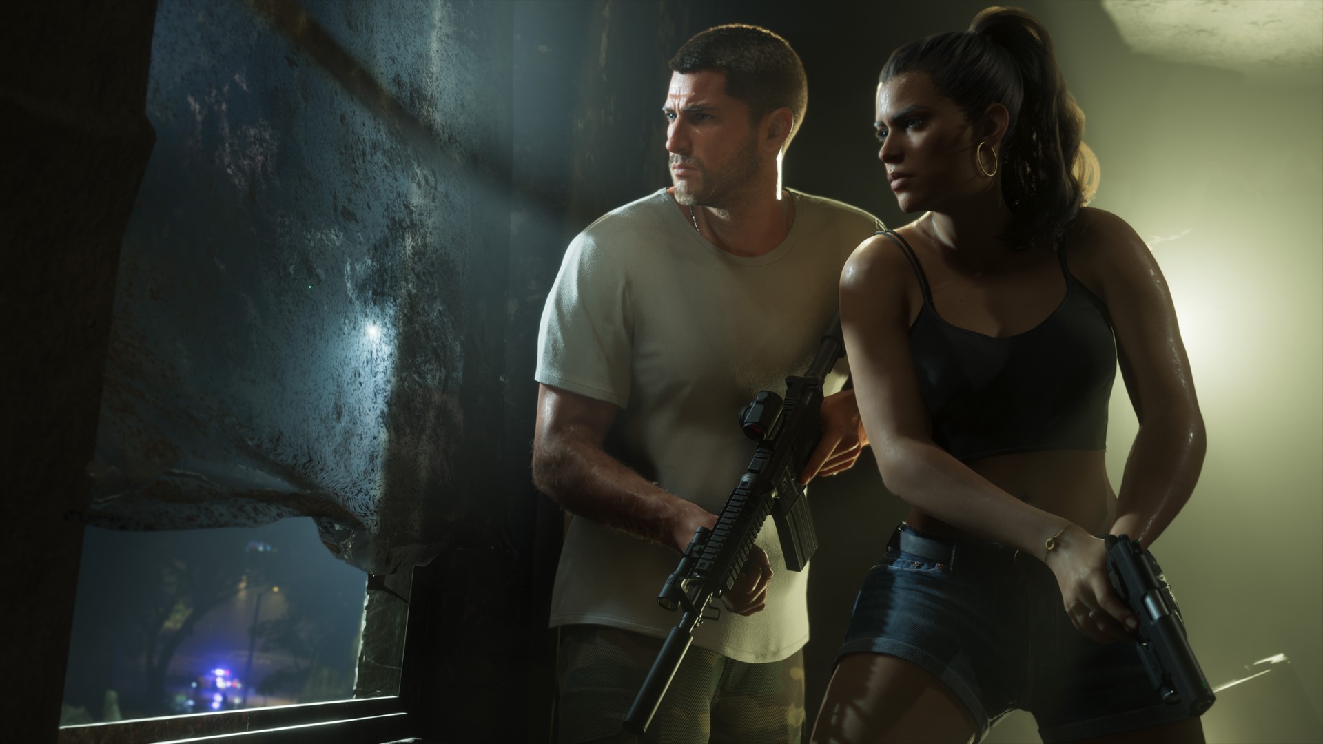 Cena de GTA 6 com os protagonistas Jason e Lucia