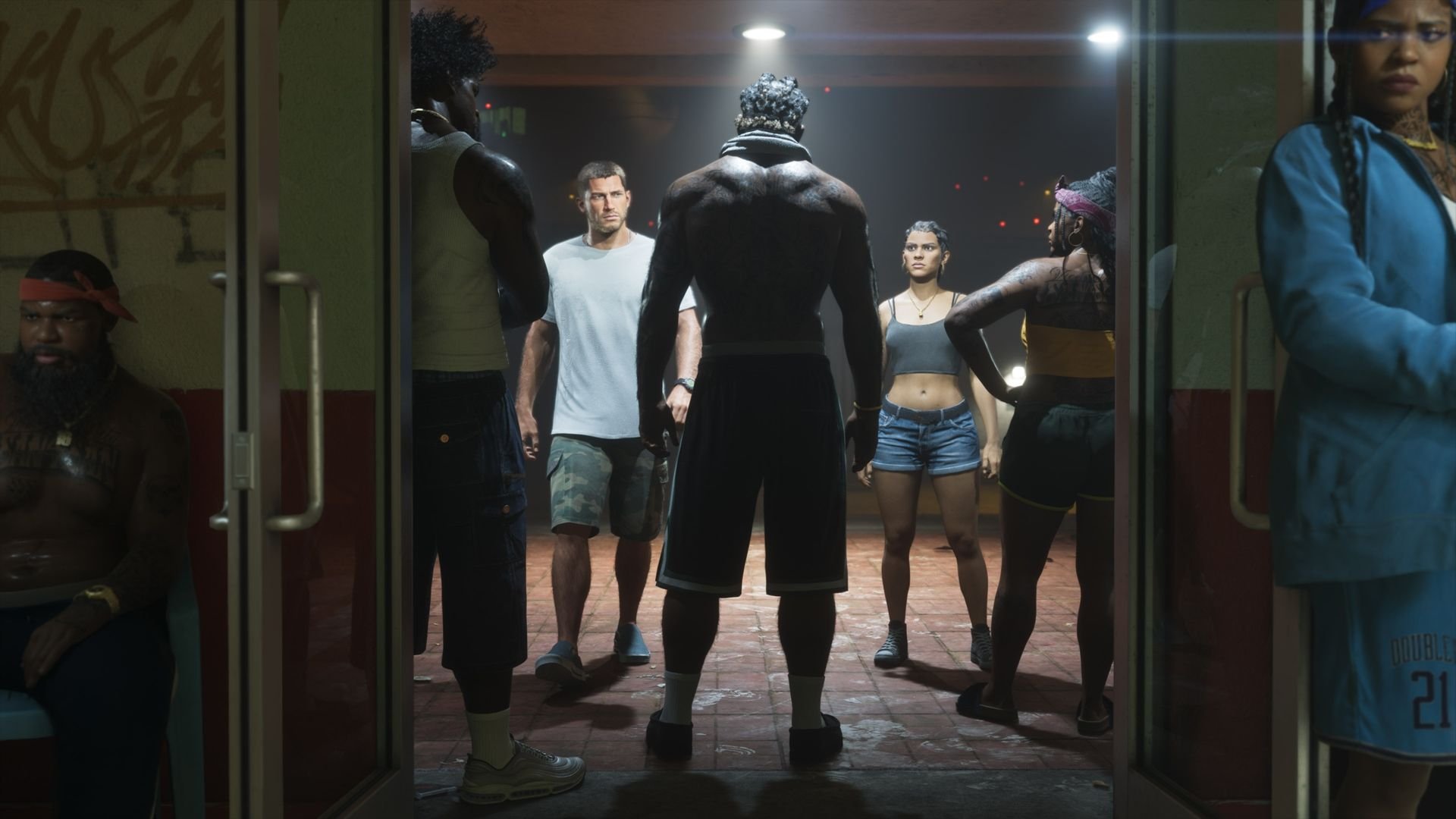 Cena de GTA 6 com personagens reunidos em um corredor iluminado