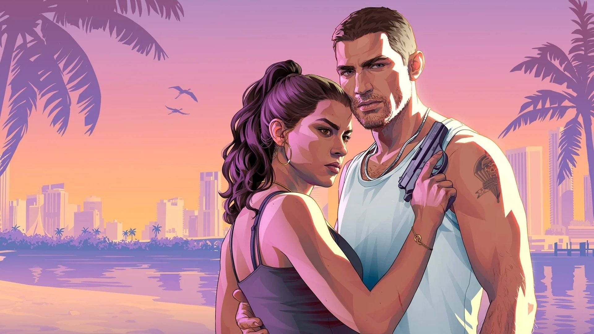 Arte oficial de GTA 6 com Jason e Lucia diante do horizonte de Vice City