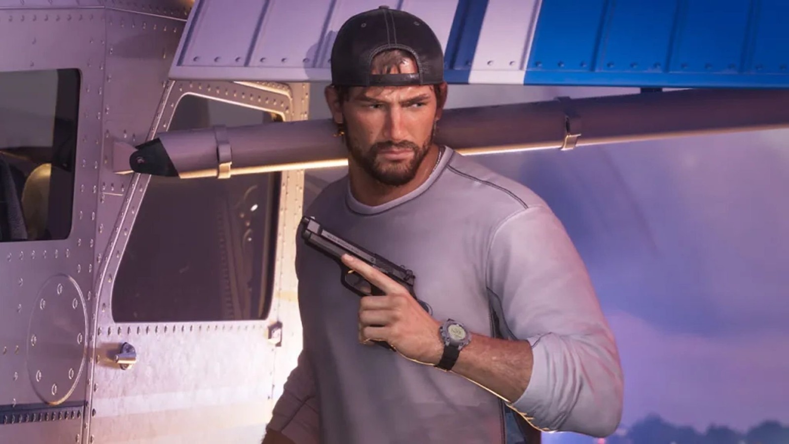 Jason, protagonista de GTA 6, segurando uma arma ao lado de um carro
