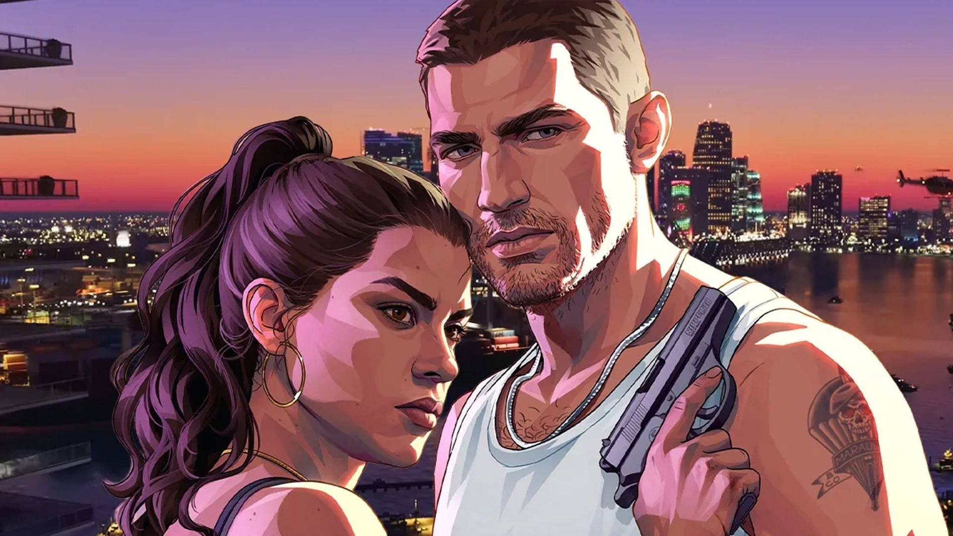 Arte promocional de GTA 6 com os protagonistas Jason e Lucia