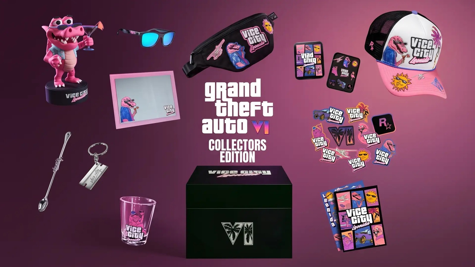 Itens da Goodtime State – Vice City Collection de GTA 6, com figura do jacaré Macca, óculos, boné e bolsa