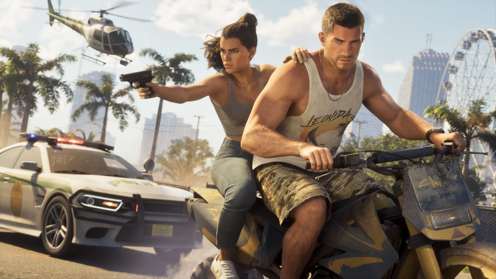 Jason e Lucia, protagonistas de GTA 6, em fuga de moto em arte oficial da Rockstar