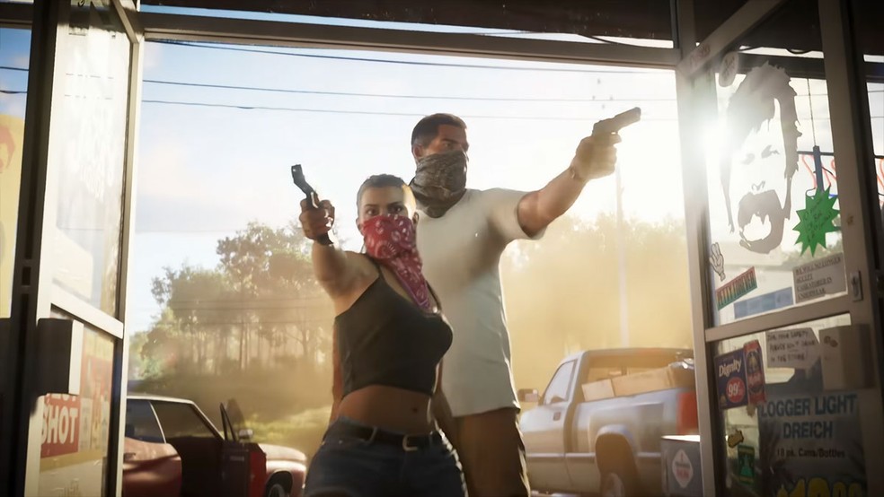 Jason e Lucia, protagonistas de GTA 6, durante um assalto