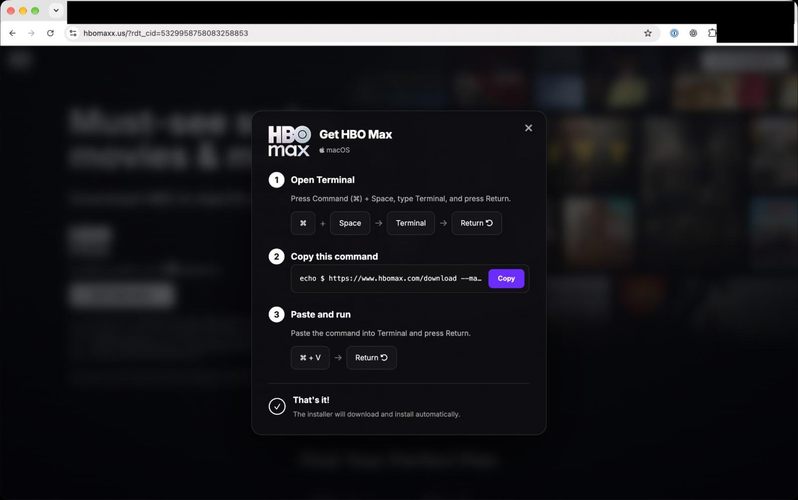 Página falsa que imitava a HBO Max e instruía a vítima a colar um comando no Terminal do Mac