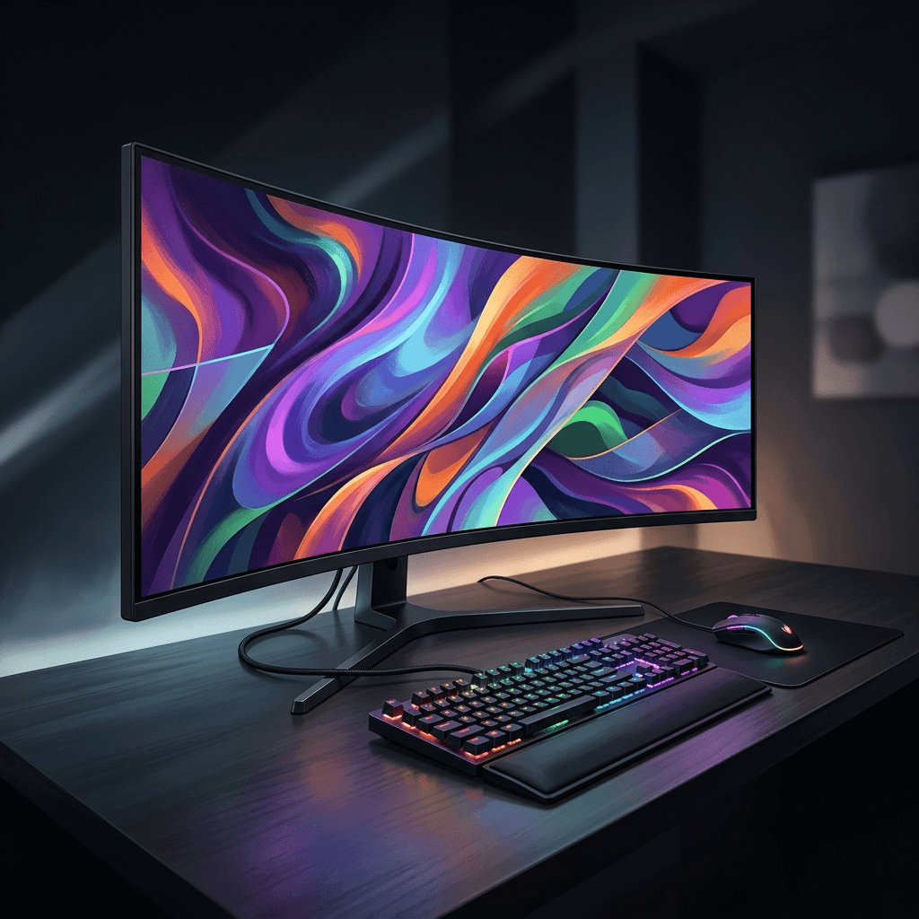 Ilustração conceitual de um monitor ultrawide curvo em uma mesa de trabalho