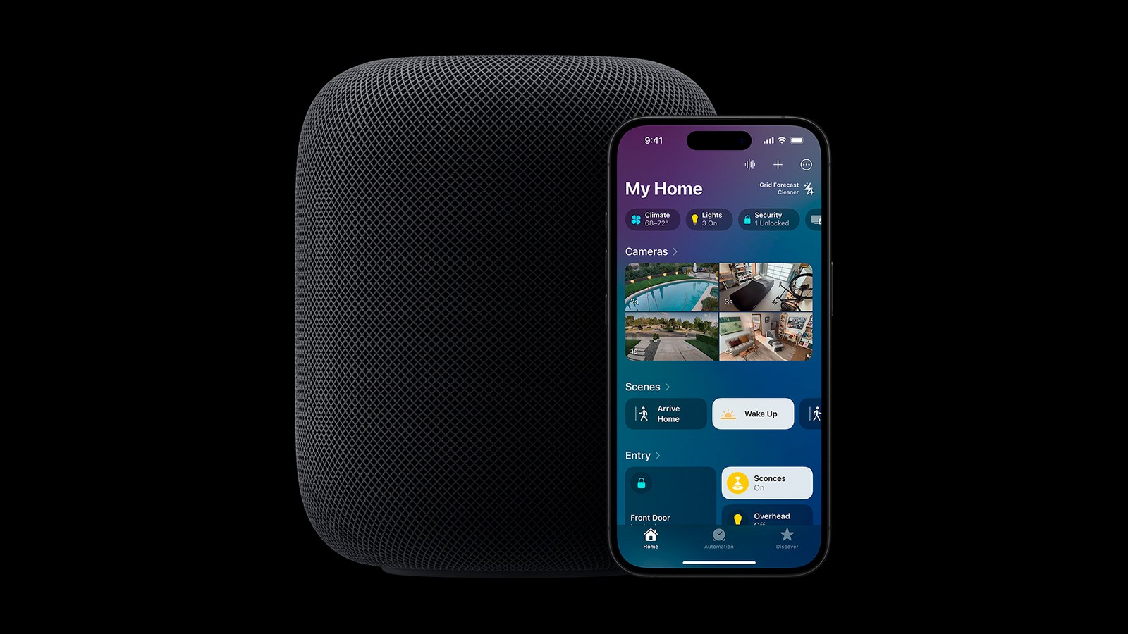 HomePod ao lado de um iPhone exibindo a tela inicial do app Casa